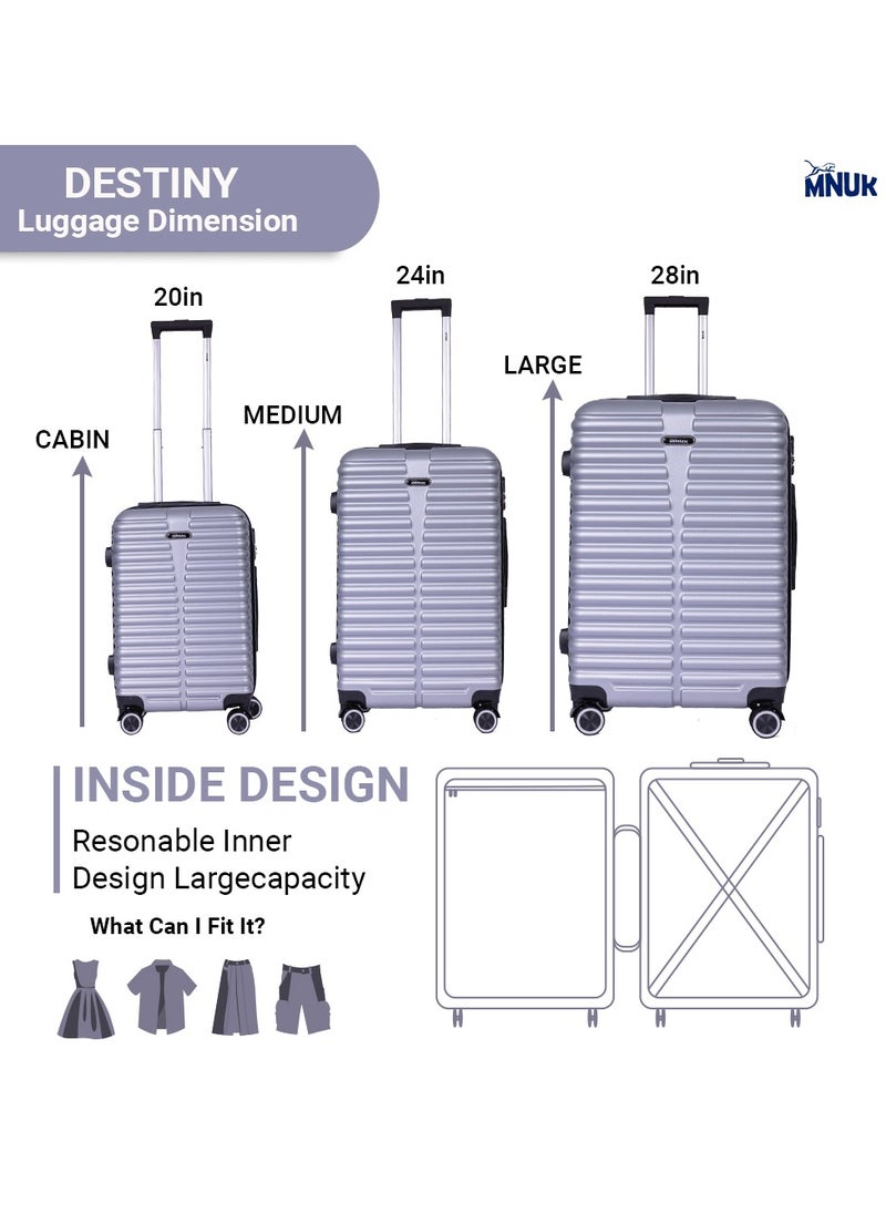 MNUK - Destiny Set of 3 Luggage | Hardside Soft Handle Trolley with TSA Lock |Double 360° 4 Wheeler| Cabin-20 Inch, Medium- 24 Inch, Large-28 Inch| Silver - Image 1