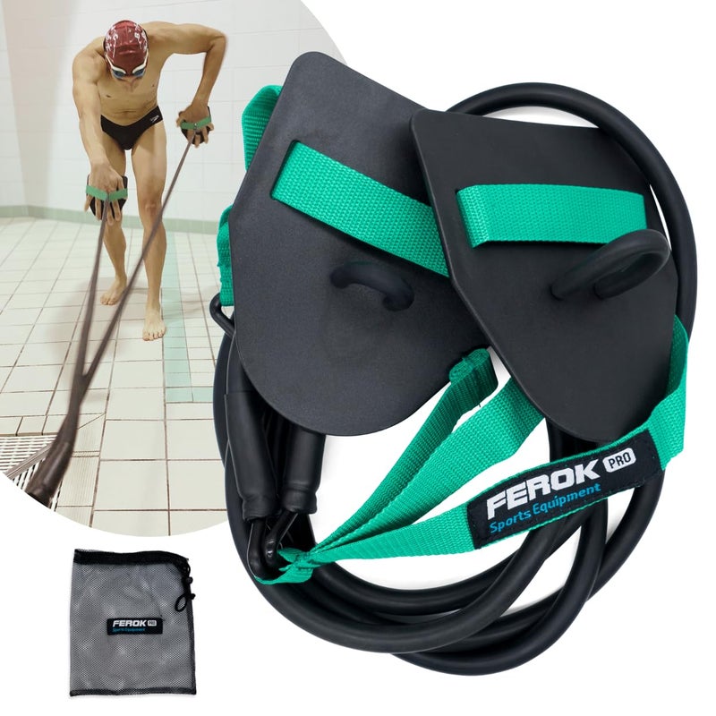 Ferok Pro - Swimming Resistance Band with Hand Paddles, Stretch Cord, Fitness Bands for Swimming, Training Equipment, Arm Strength Exercise, Powercord - Including Exercises - Medium Green - Image 1