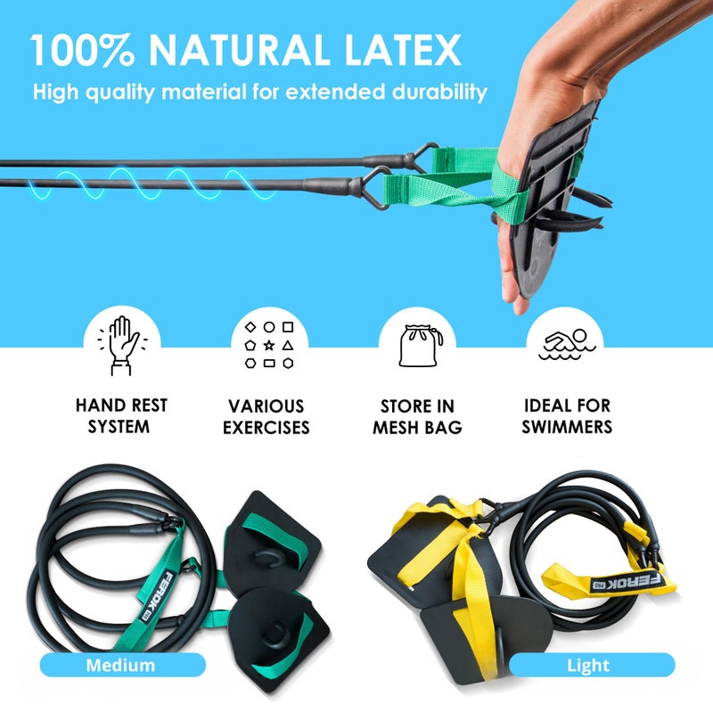 Ferok Pro - Swimming Resistance Band with Hand Paddles, Stretch Cord, Fitness Bands for Swimming, Training Equipment, Arm Strength Exercise, Powercord - Including Exercises - Medium Green - Image 3