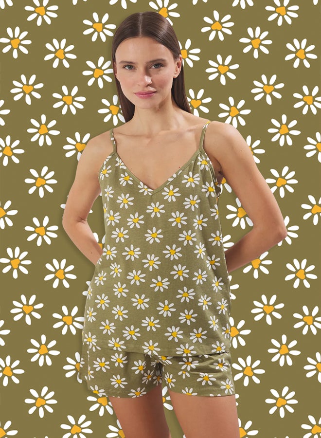 trendyol GreenMulticolor 100% Cotton Floral Heart Shorts Knitted Pajamas Set - Image 1