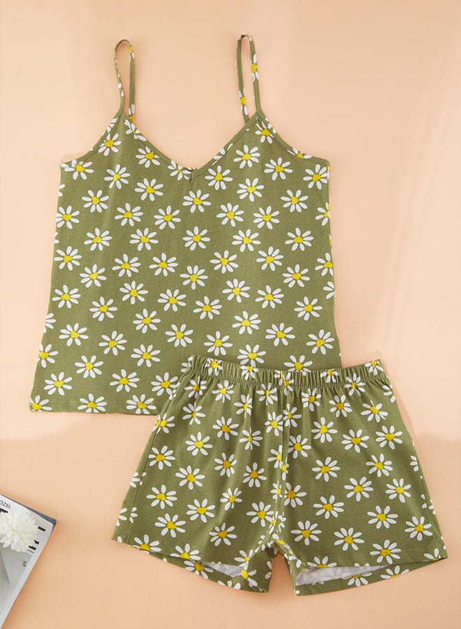 trendyol GreenMulticolor 100% Cotton Floral Heart Shorts Knitted Pajamas Set - Image 5