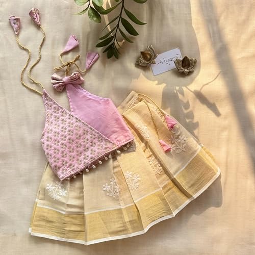 Picksparrow Baby Girl Tissue Cotton, Cotton And Silk Readymade Pattu Pavadai/Lehenga Choli/Traditional Ethnic Dress (Tissue Embroidered) (Pink, 0-6 Months) - Image 2