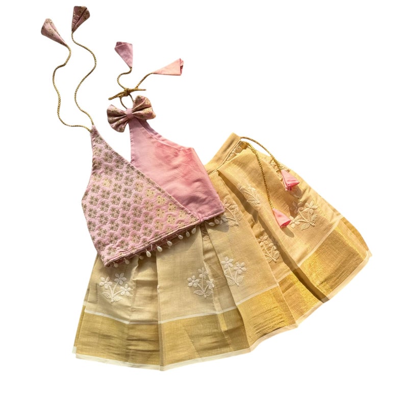 Picksparrow Baby Girl Tissue Cotton, Cotton And Silk Readymade Pattu Pavadai/Lehenga Choli/Traditional Ethnic Dress (Tissue Embroidered) (Pink, 0-6 Months) - Image 4