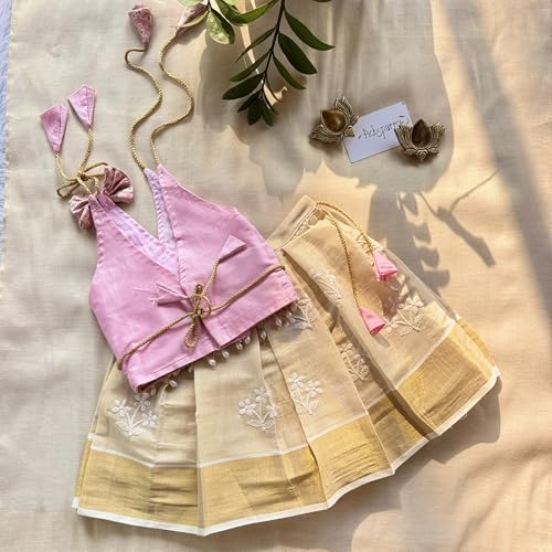 Picksparrow Baby Girl Tissue Cotton, Cotton And Silk Readymade Pattu Pavadai/Lehenga Choli/Traditional Ethnic Dress (Tissue Embroidered) (Pink, 0-6 Months) - Image 3