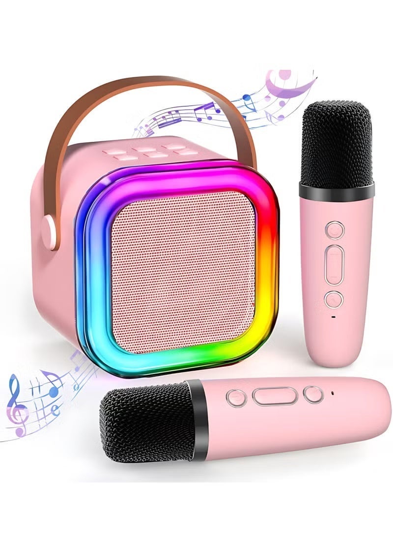 XiaoGiqi Mini Portable Bluetooth Karaoke Speaker with 2 Wireless Microphones RGB LED Light Rechargeable Leather Handle Pink Home Party Birthday Camping Family Use - Image 2