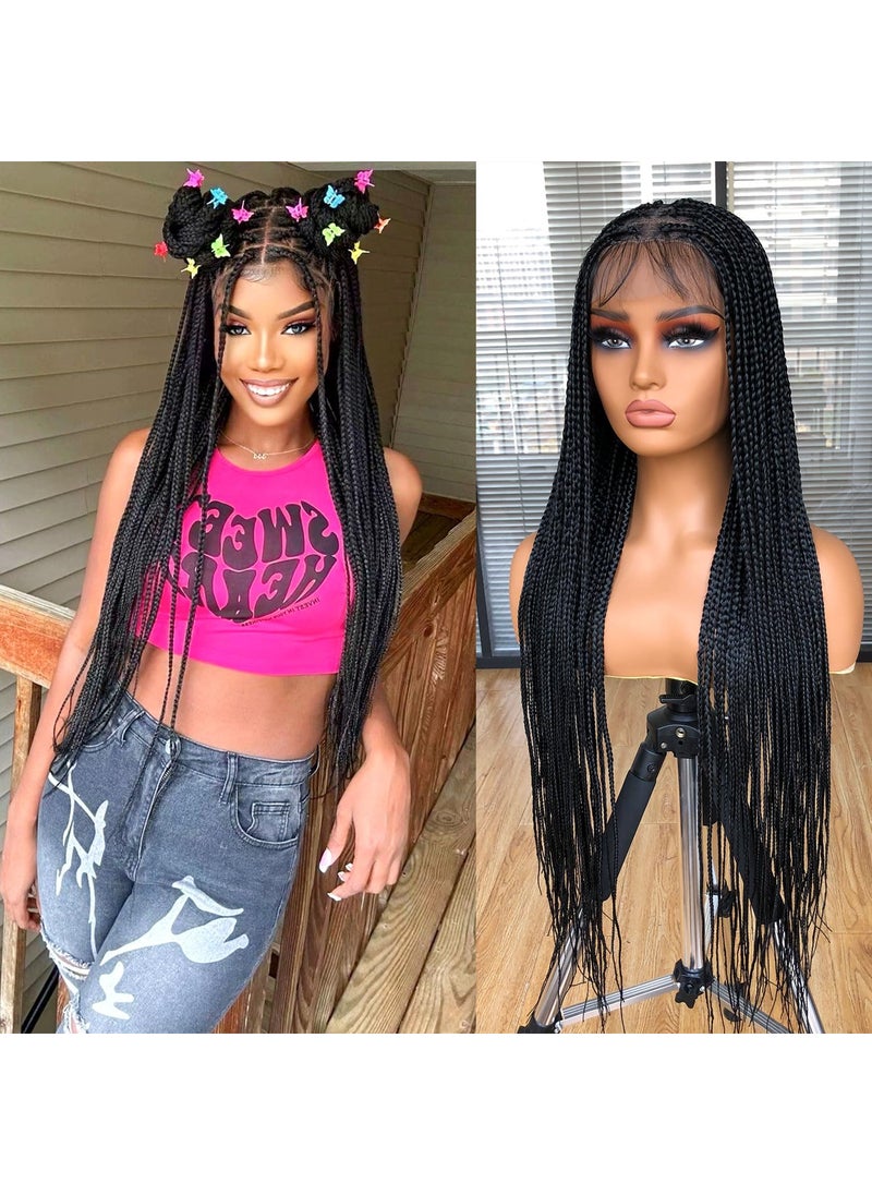 RunM hair - RunM 36 Full Double Lace Front Box Braided Wigs for Black Women Braids Lace Frontal Wig Synthetic Black Hand Braided Wigs With Baby Hair for WomenBlack - Image 1