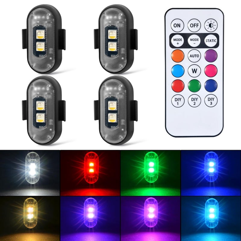 Aukmak 4PCS Wireless LED Strobe Lights with Remote Control 8 Colors Rechargeable Led Lights AntiCollision LED Emergency Warning Lights for Car Motorcycle Bike Drone Aircraft - Image 3