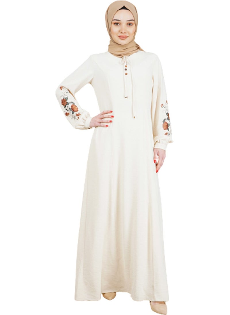 Lamora Women's Long Dress with Embroidered Sleeves and Rounded Nick with rope Ladies Dress for your special Occasions Milky - Image 1