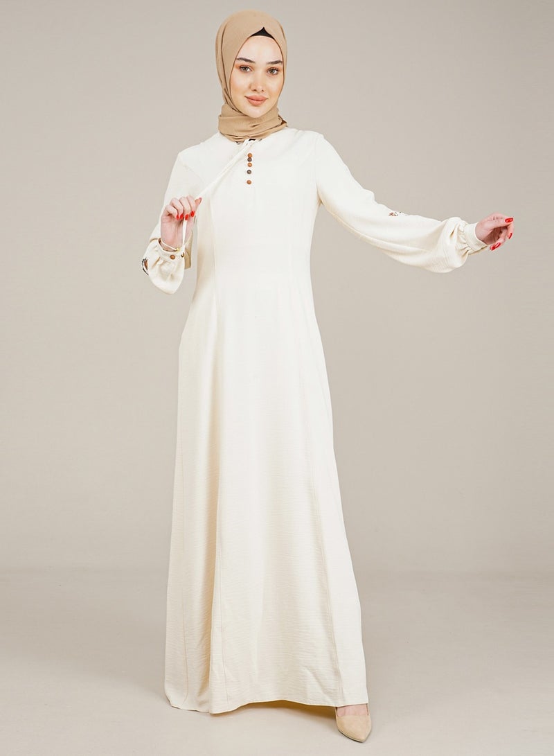 Lamora Women's Long Dress with Embroidered Sleeves and Rounded Nick with rope Ladies Dress for your special Occasions Milky - Image 2