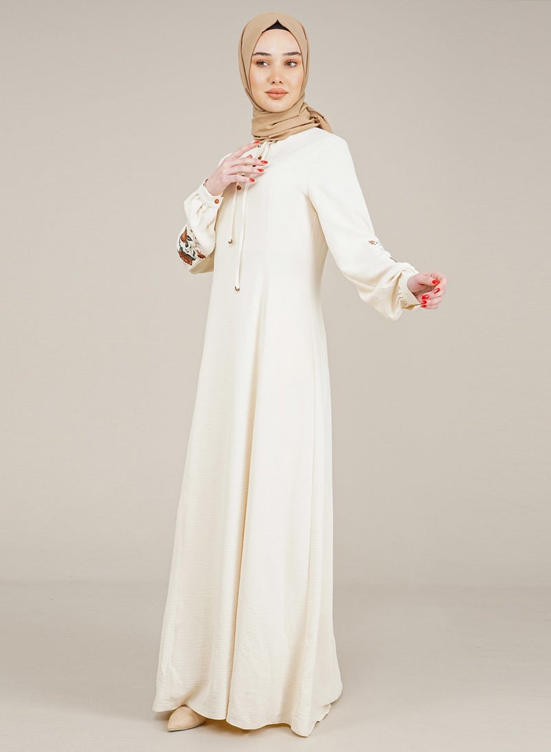 Lamora Women's Long Dress with Embroidered Sleeves and Rounded Nick with rope Ladies Dress for your special Occasions Milky - Image 3