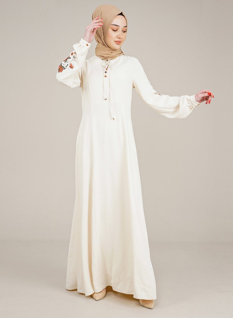 Lamora Women's Long Dress with Embroidered Sleeves and Rounded Nick with rope Ladies Dress for your special Occasions Milky - Image 4