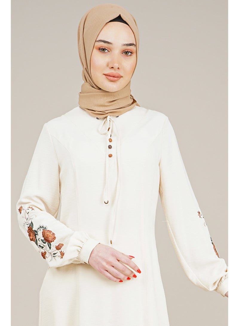 Lamora Women's Long Dress with Embroidered Sleeves and Rounded Nick with rope Ladies Dress for your special Occasions Milky - Image 5