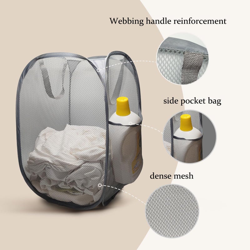 FOAYACCY The upgraded pop-up laundry basket features a breathable side pocket mesh design, making it ideal for rooms, apartments, dormitories, travel, business trips, and children's storage(1, Gray) - Image 3