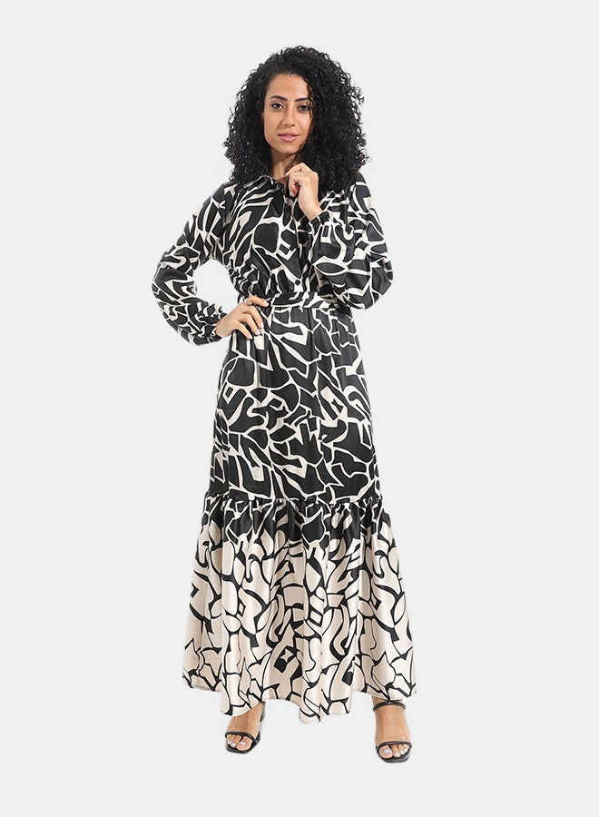 Andora Long Sleeves Multicolour Self Patteren Maxi Dress - Image 1