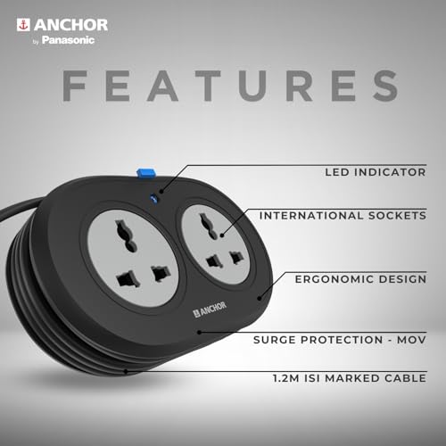 Anchor by Panasonic 2 Universal Socket Extension Board, 6A Spike Guard with 1.2-Meter Heavy Duty Cord for Home and Office Usage, 2 Way Power Strip with LED Indicator, Matt Finish - Image 3