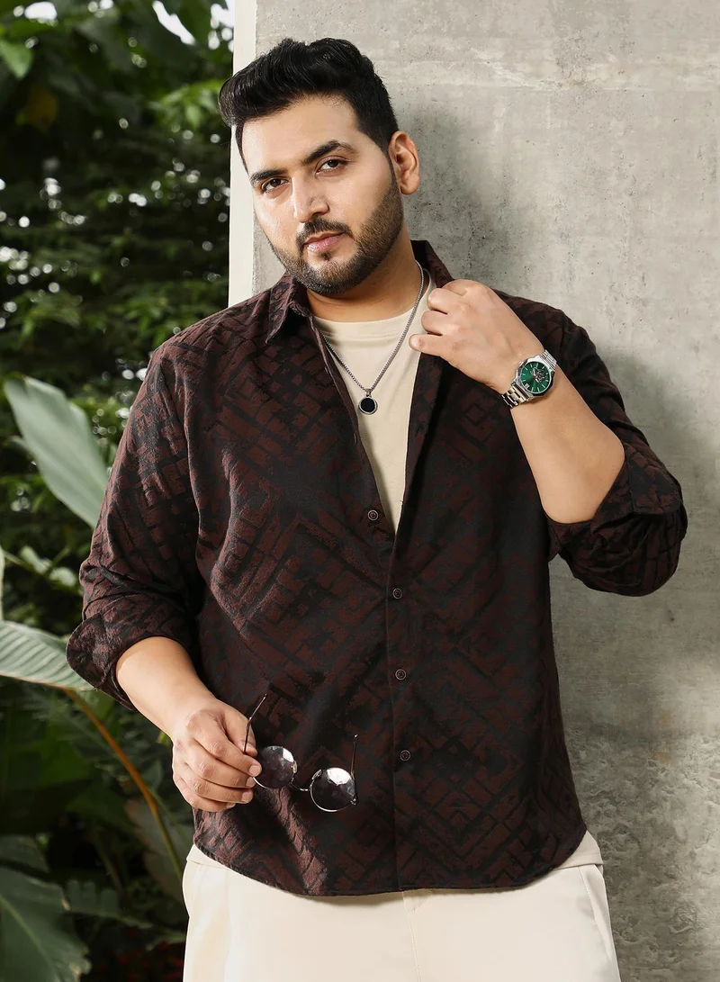Instafab Plus Instafab Plus Men's Coffee Brown Faded-Cubic Jacquard Shirt | Spread Collar , Long Cuffed Sleeves , Button Closure , Curved Hemline | Geometric Jacquard Cotton-Blend Material For Street & Casual Wear