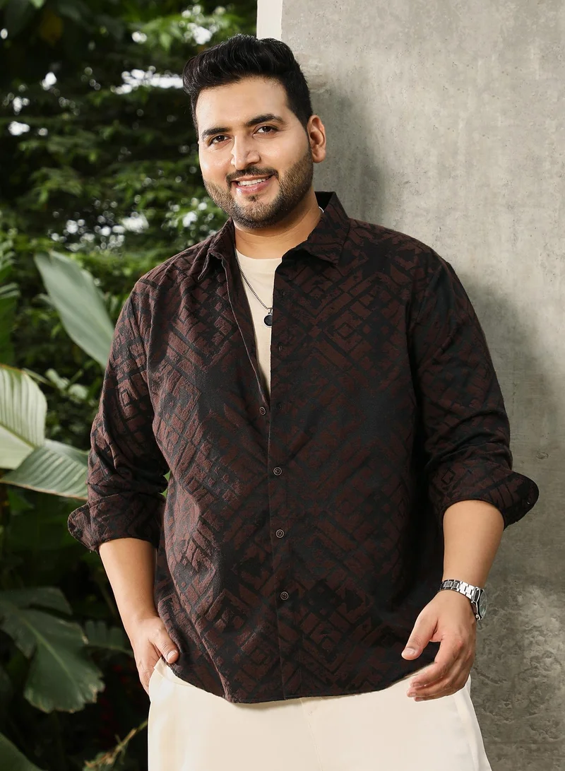 Instafab Plus Instafab Plus Men's Coffee Brown Faded-Cubic Jacquard Shirt | Spread Collar , Long Cuffed Sleeves , Button Closure , Curved Hemline | Geometric Jacquard Cotton-Blend Material For Street & Casual Wear