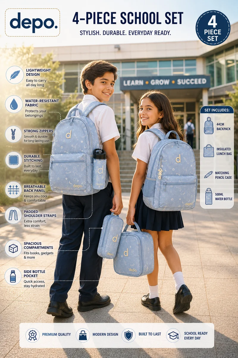 Depo DEPO 4-Piece School Set for Kids – Light Blue Space Pattern, 44cm Backpack with Insulated Lunch Bag, Pencil Case & 500ml Water Bottle