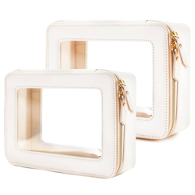 Aveniee Clear Makeup Bag Organizer Set,Portable Travel Toiletry Case for Women, Vegan Leather Cosmetic Pouch Car Bag for Essentials 2pcs,Middle & Large,Beige - Image 1