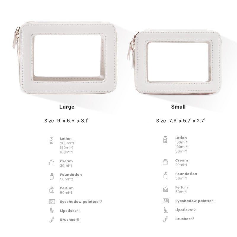 Aveniee Clear Makeup Bag Organizer Set,Portable Travel Toiletry Case for Women, Vegan Leather Cosmetic Pouch Car Bag for Essentials 2pcs,Middle & Large,Beige - Image 2