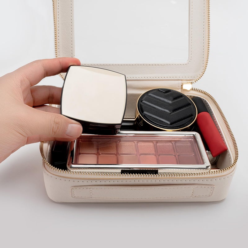 Aveniee Clear Makeup Bag Organizer Set,Portable Travel Toiletry Case for Women, Vegan Leather Cosmetic Pouch Car Bag for Essentials 2pcs,Middle & Large,Beige - Image 4