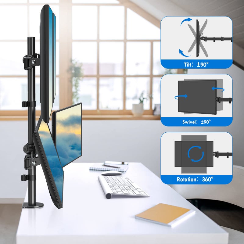 MOUNTUP Quad Monitor Stand, 4 Monitors Desk Mount for 17 to 32 inch Computer Screens, Fully Adjustable Stacked Mount with Tilt Swivel, 4 Heavy Duty Monitor Mount, Holds up to 17.6lbs per Arm, MU3007 - Image 3