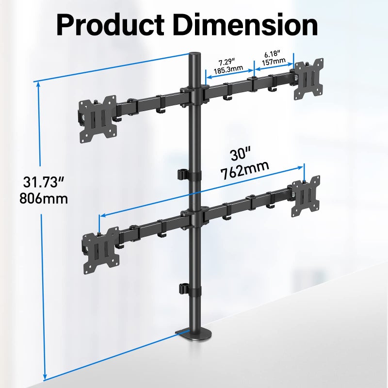 MOUNTUP Quad Monitor Stand, 4 Monitors Desk Mount for 17 to 32 inch Computer Screens, Fully Adjustable Stacked Mount with Tilt Swivel, 4 Heavy Duty Monitor Mount, Holds up to 17.6lbs per Arm, MU3007 - Image 4
