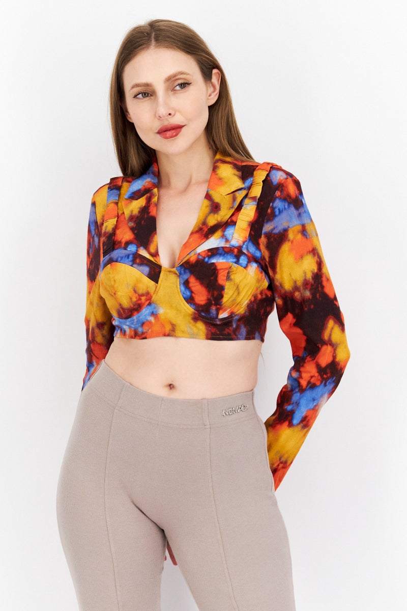 NA-KD Women Notched Collar Long Sleeve Tie Dye Blouse, Orange - Image 1