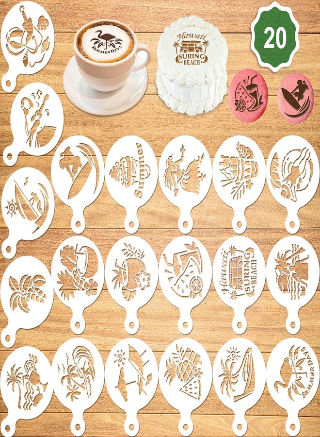 Konsait 20Pack Hawaiian Cake Stencil Templates Decoration, Reusable Summer Beach Pool Luau Themed Surfing Cake Cookies Baking Painting Mold Tools, Dessert, Coffee Decorating Molds - Image 1