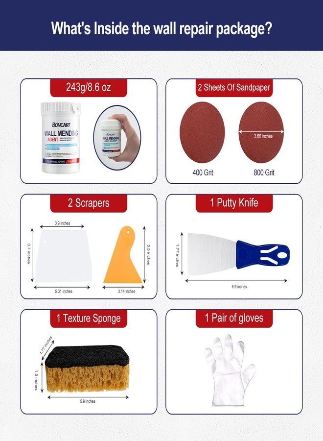 BONCART 8.6oz Drywall Patch Repair Kit - Professional 7-in-1 Tool Set (Scrapers/Sandpaper/Texture Sponge/Gloves) for Fast Wall Hole Repair - Image 4
