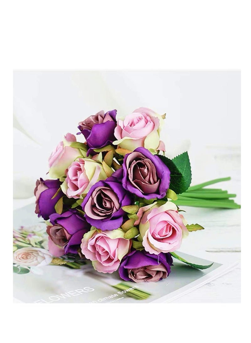 SOLARAE Artificial Roses Flowers, 12 Heads Arrangement Silk Bouquet, for Home Office Parties Bridal and Party Wedding Decoration, Gift for Friend, Family and Lovers(Purple) - Image 2