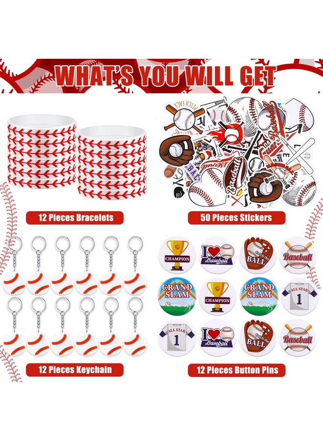 Tondiamo 86 Pcs Baseball Team Gifts Baseball Party Favors Supplies With 12 Baseball Silicone Bracelets 12 Key Chains 12 Baseball Pin Badges 50 Waterproof Stickers For Baseball Birthday Souvenir Gift - Image 3