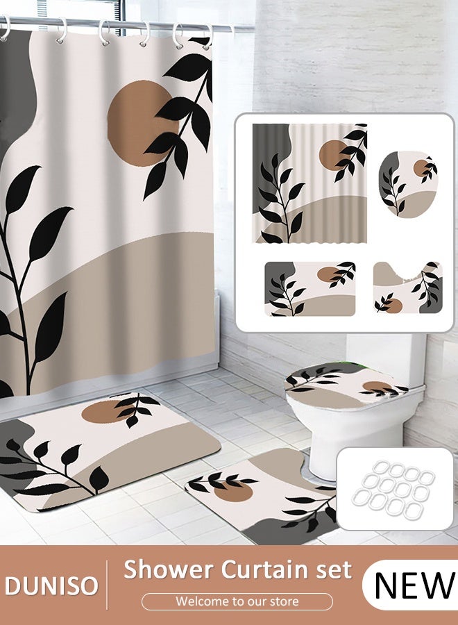 DUNISO 4 Pcs Bathroom Shower Curtain Set, Bathroom Sets with Rugs(Bath Mat, U Shape and Toilet Lid Cover Mat) and Shower Curtain With 12 Metal Hooks, Water Absorbent, Machine Washable Bath Rugs For Bathroom - Image 1