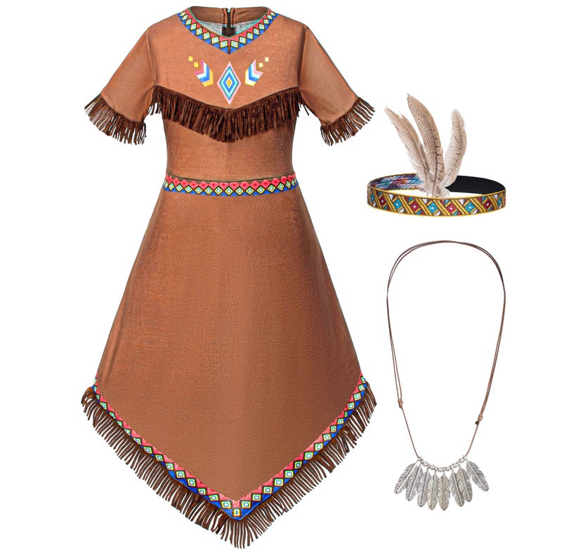 Native American Costume Girls Dress Indigenous American Indians Kids Cosplay 45T Brown