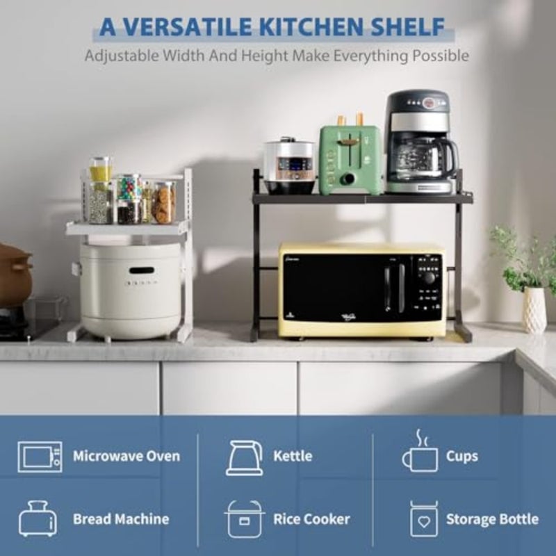 Expandable Microwave Stand, Carbon Steel Adjustable Microwave Oven Rack, Kitchen Countertop Organizer Microwave Shelves, 55 lb Load Bearing with 6 Hooks - Image 3