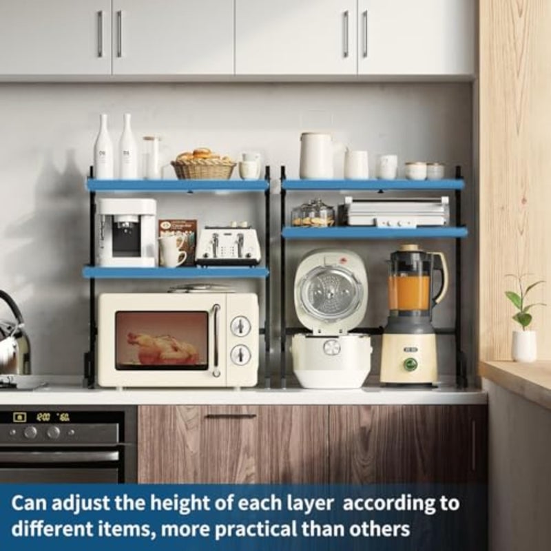 Expandable Microwave Stand, Carbon Steel Adjustable Microwave Oven Rack, Kitchen Countertop Organizer Microwave Shelves, 55 lb Load Bearing with 6 Hooks - Image 4