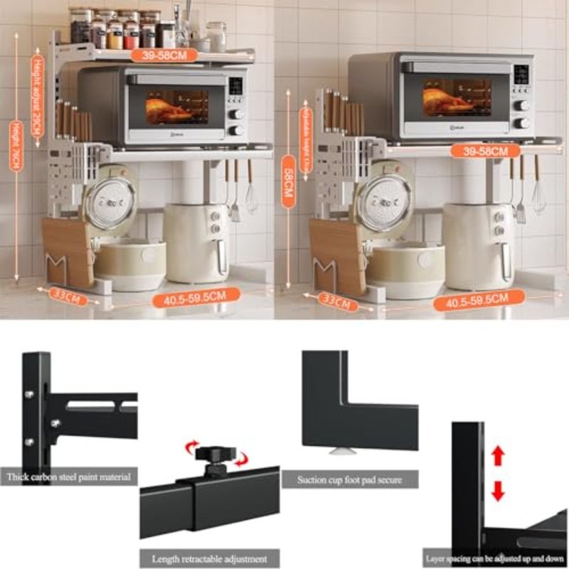 Expandable Microwave Stand, Carbon Steel Adjustable Microwave Oven Rack, Kitchen Countertop Organizer Microwave Shelves, 55 lb Load Bearing with 6 Hooks - Image 2