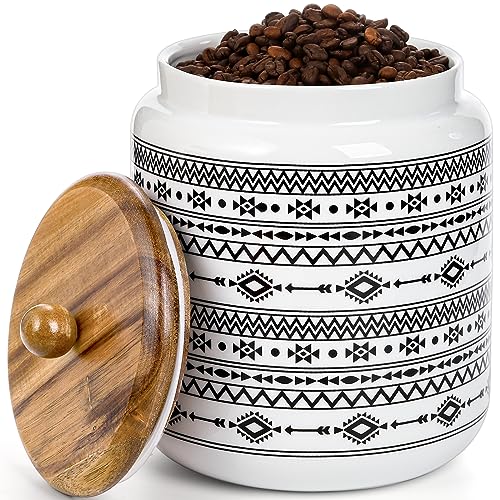 وعاء تخزين الطعام الكبير من هيدوم سيراميك مع غطاء خشبي محكم الإغلاق سعة 100 أونصة سائلة وعاء تخزين الطعام من البورسلين للاستخدام المنزلي والمطبخ لتقديم القهوة والسكر والشاي والدقيق والمزيد