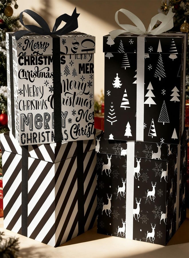 Cinrobiye 4 Pcs Christmas Gift Boxes with Lid,Ribbon and Tissue Papers,9" Black and White Christmas Winter Square Cardboard Box for Gift Wrapping Holiday Present Birthday Assorted Design (Black White - Image 4
