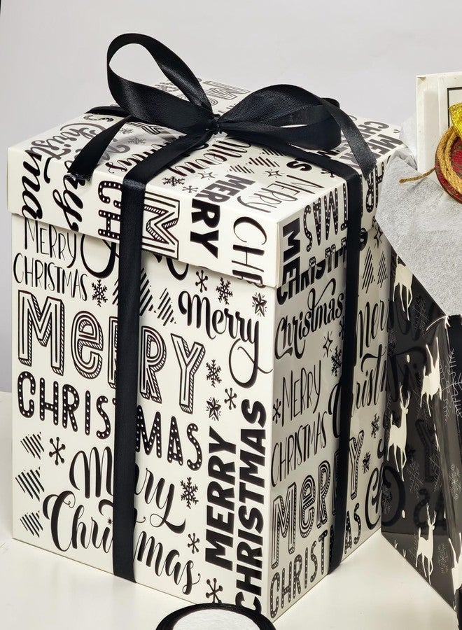 Cinrobiye 4 Pcs Christmas Gift Boxes with Lid,Ribbon and Tissue Papers,9" Black and White Christmas Winter Square Cardboard Box for Gift Wrapping Holiday Present Birthday Assorted Design (Black White - Image 5