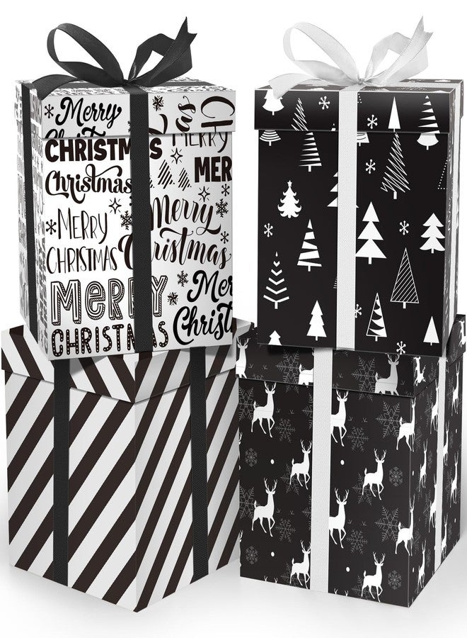 Cinrobiye 4 Pcs Christmas Gift Boxes with Lid,Ribbon and Tissue Papers,9" Black and White Christmas Winter Square Cardboard Box for Gift Wrapping Holiday Present Birthday Assorted Design (Black White - Image 1