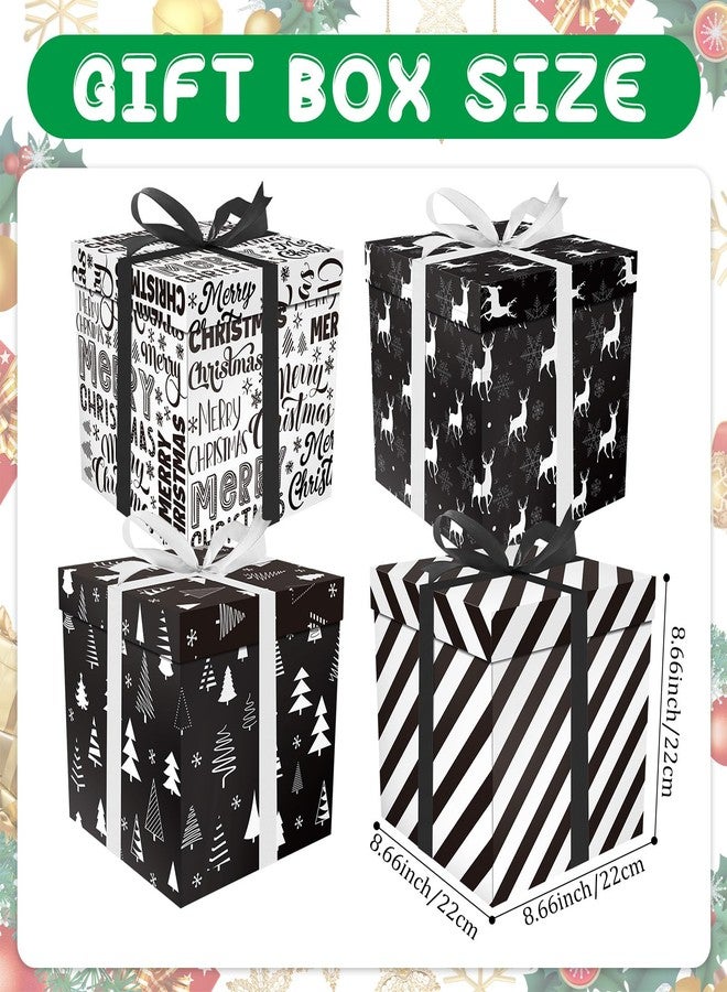 Cinrobiye 4 Pcs Christmas Gift Boxes with Lid,Ribbon and Tissue Papers,9" Black and White Christmas Winter Square Cardboard Box for Gift Wrapping Holiday Present Birthday Assorted Design (Black White - Image 2
