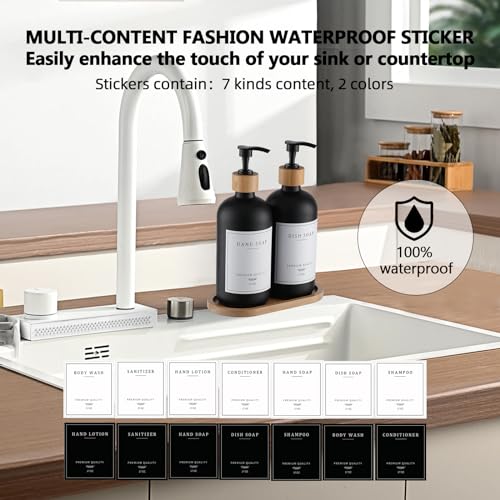 eggs sound Black Glass Soap Dispenser - Hand Dish Soap Dispenser Set for Kitchen with Sturdy Pump and Tray, 14 Waterproof Labels, Bathroom Refillable Soap Lotion Dispenser-Black - Image 4