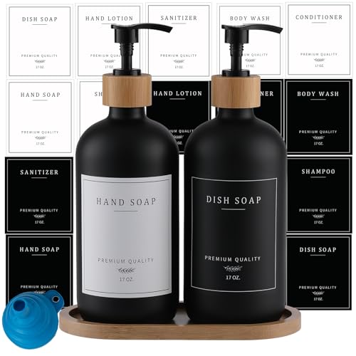eggs sound Black Glass Soap Dispenser - Hand Dish Soap Dispenser Set for Kitchen with Sturdy Pump and Tray, 14 Waterproof Labels, Bathroom Refillable Soap Lotion Dispenser-Black - Image 1