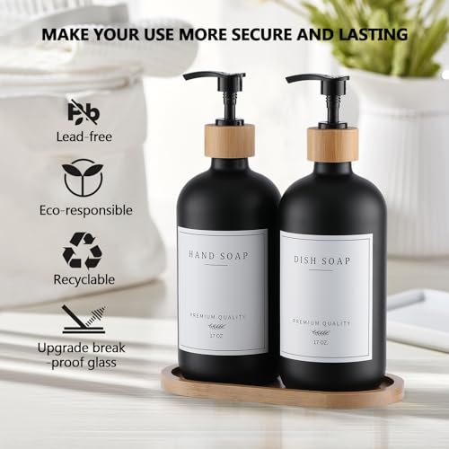 eggs sound Black Glass Soap Dispenser - Hand Dish Soap Dispenser Set for Kitchen with Sturdy Pump and Tray, 14 Waterproof Labels, Bathroom Refillable Soap Lotion Dispenser-Black - Image 3