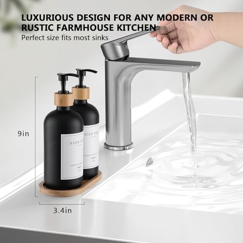 eggs sound Black Glass Soap Dispenser - Hand Dish Soap Dispenser Set for Kitchen with Sturdy Pump and Tray, 14 Waterproof Labels, Bathroom Refillable Soap Lotion Dispenser-Black - Image 2