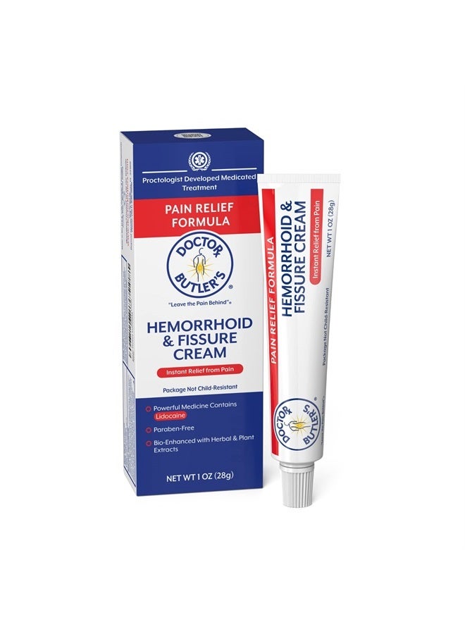 Doctor Butler's Hemorrhoid & Fissure Cream – Instant Pain Relief Hemorrhoid Treatment with Lidocaine, Fast Acting Hemorrhoid Cream for Relief from External Itching and Burning (1 oz.) - Image 1