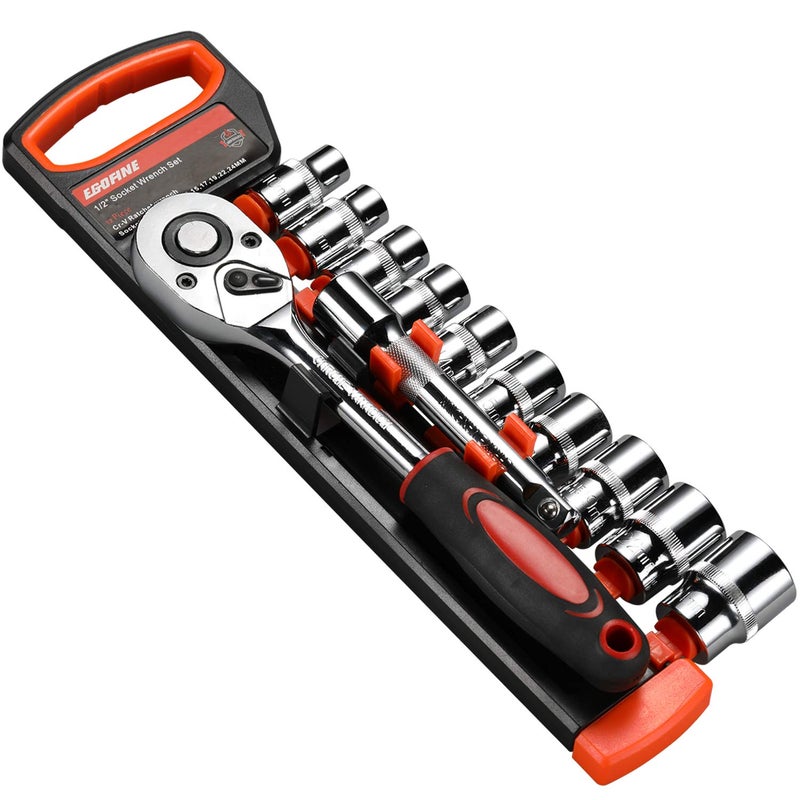 Egofine 12pcs 1/2 Inch Ratchet Socket Wrench Set, Drive Socket Set with 10 Sockets 10-15,17,19,22,24mm and 2 Way Quick Released Ratchet Handle and Extension Bar - Image 1