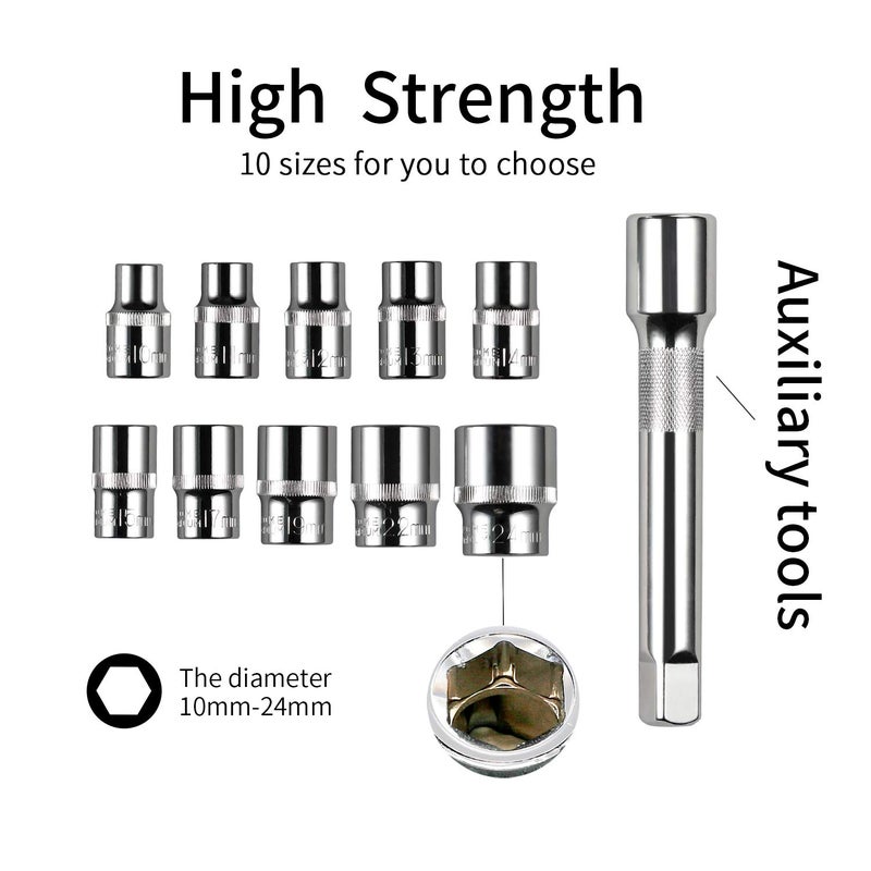 Egofine 12pcs 1/2 Inch Ratchet Socket Wrench Set, Drive Socket Set with 10 Sockets 10-15,17,19,22,24mm and 2 Way Quick Released Ratchet Handle and Extension Bar - Image 4