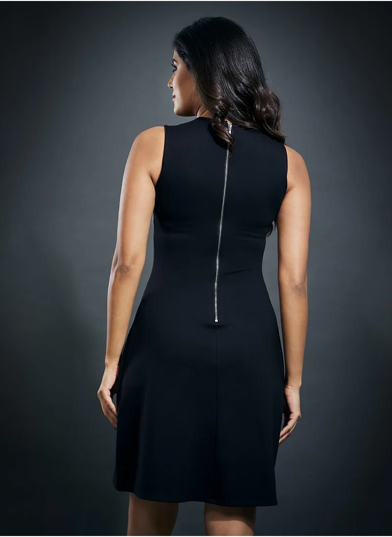 Zigzag Black & White Side Paneled Ponte Dress